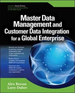 Alex Berson Larry Dubov - Master Data Management and Customer Data Integration for a Global Enterprise Alex Berson Larry Dubov Introduction to Master Data Management and Customer Data Integration Chapter 1. Overview of Master Data Management and Customer Data Integration Chapter 2. CDI: Overview of Market Drivers and Key Challenges Chapter 3. Challenges, Concerns, and Risks of Moving Toward Customer Centricity Part II. Architectural Considerations Chapter 4. CDI Architecture and Data Hub Components Chapter 5. Architecting for Customer Data Integration Chapter 6. Data Management Concerns of MDM/CDI Architecture Part III. Data Security, Privacy, and Regulatory Compliance Chapter 7. Overview of Risk Management for Integrated Customer Information Chapter 8. Introduction to Information Security and Identity Management Chapter 9. Protecting Content for Secure Master Data Management Chapter 10. Enterprise Security and Data Visibility in Master Data Management Environments Part IV. Implementing Customer Data Integration for the Enterprise Chapter 11. Project Initiation Chapter 12. Customer Identification Chapter 13. Beyond Party Match: Merge, Split, Party Groups, and Relationships Chapter 14. Data Governance, Standards, Information Quality, and Validation Chapter 15. Data Synchronization Chapter 16. Additional Implementation Considerations Part V. Master Data Management: Market, Trends, and Directions Chapter 17. MDM/CDI Vendors and Products Landscape Chapter 18. Where Do We Go From Here? Appendix A. List of Acronyms Appendix B. Glossary Appendix C. Regulations and Compliance Rules Impacting Master Data Management and Customer Data Integration Projects Index Datenbank Datenmanagement Database Management Accessl CIOs IT managers processes esigning and implementing customer-centric transformation capabilities