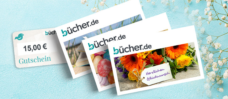 Abbildung verschiedener büchder.de Geschenkgutscheine auf blauem Hintergrund