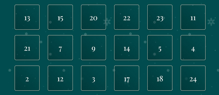 Ansicht der geschlossenen Türchen des Online Adventskalenders auf dunkelgrünem Hintergrund!