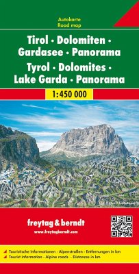 Tirol - Dolomiten - Gardasee - Panorama, Straßenkarte 1:450.000, freytag & berndt. Tirolo, Dolomiti, Lago di Garda, Panoramica / Tyrol, Dolomites, Lac de Garde, Panorama / Tirol, Dolomitas, Lago de Garda, Panorama