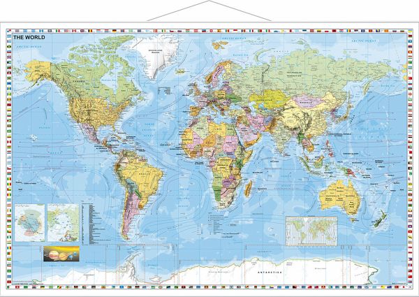 Stiefel Wandkarte Großformat Weltkarte politisch mit Flaggenrand englische Ausgabe mit Metallstäben