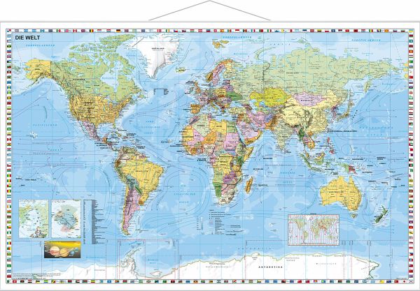 Stiefel Wandkarte Kleinformat Weltkarte politisch mit Flaggenrand deutschsprachig mit Metallstäben