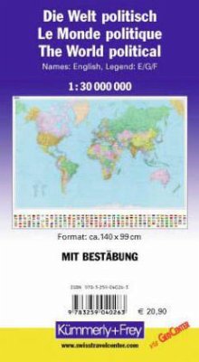 Kümmerly & Frey Poster Die Welt, politisch, 1 : 30 Mio., mit Metallstäben. Le Monde, politique, 1 : 30 Mio.. The World, political, 1 : 30 Mio.