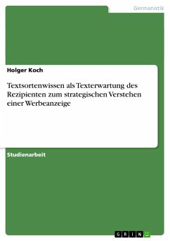 Textsortenwissen als Texterwartung des Rezipienten zum strategischen Verstehen einer Werbeanzeige - Koch, Holger