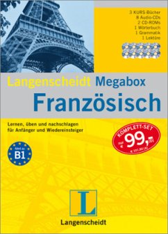 Cover Langenscheidt Megabox Französisch, 3 Kurs-Bücher, 8 Audio-CDs, 2 CD-ROMs, Wörterbuch, Grammatik u. Lektüre