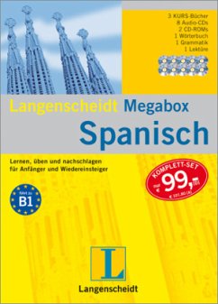Cover Langenscheidt Megabox Spanisch, 3 Kurs-Bücher, 8 Audio-CDs, 2 CD-ROMs, Wörterbuch, Grammatik u. Lektüre