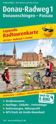 PublicPress Leporello Radtourenkarte Donau-Radweg. Donaueschingen - Passau