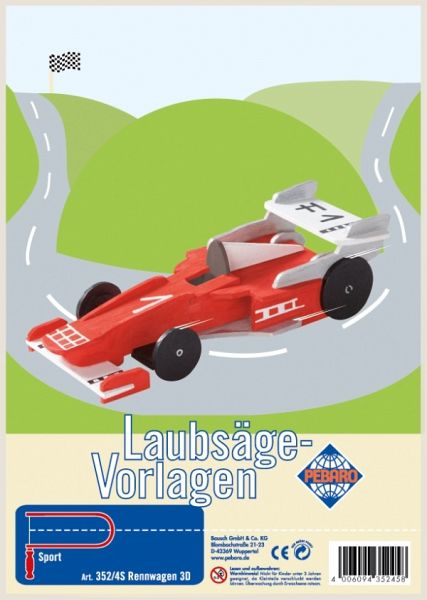 PEBARO 352/4S - Laubsägevorlage Rennwagen 3D, 1 Platte, Größe DIN A4.