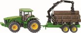 SIKU 1954 - John Deere Traktor mit Forstanhänger, 1:50, Funktionsfähiger Ladearm und Greifer