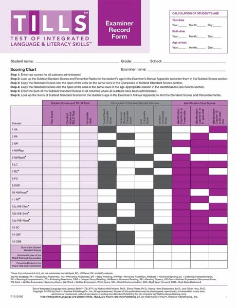Test of Integrated Language and Literacy Skills(tm) (Tills(tm)) Examiner Record Forms Test of Integrated Language and Literacy Skills(tm) (Tills(tm)) Examiner Record Forms