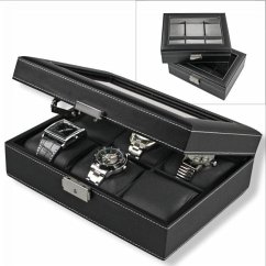Cover Uhrenkoffer ledergenarbt für 6 Uhren, Kissen innen schwarz