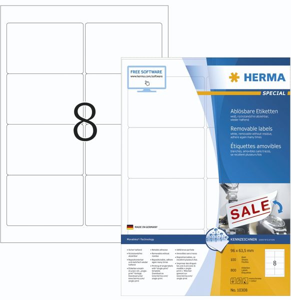 Herma Movables Etik. 96X63,5 100 Bl. DIN A4 800 Stück 10308