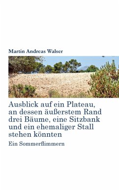 Ausblick auf ein Plateau, an dessen äussertem Rand drei Bäume, eine Sitzbank und ein ehemaliger Stall stehen könnten - Walser, Martin Andreas