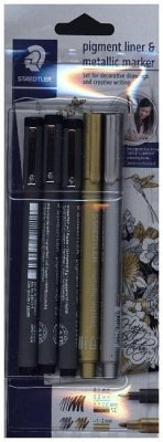 STAEDTLER Fineliner pigment liner 308 + 2 metallic pen, 5er Set