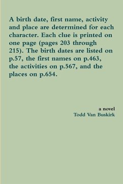 A birth date, first name, activity and place are determined for each character. Each clue is printed on one page (pages 203 through 215). The birth dates are listed on p.57, the first names on p.463, the activities on p.567, and the places on p.654. - Buskirk, Todd van