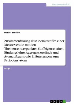 Zusammenfassung des Chemiestoffes einer Meisterschule mit den Themenschwerpunkten Stoffeigenschaften, Bindungslehre, Aggregatszustände und Atomaufbau sowie Erläuterungen zum Periodensystem - Steffen, Daniel