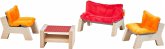 HABA 303840 - Little Friends, Puppenhaus-Möbel, Wohnzimmer (Sofa, 2 Sessel, Tisch) 4-teilig