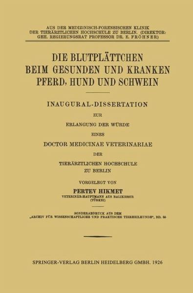 Die Blutplättchen beim Gesunden und Kranken Pferd, Hund und Schwein (eBook, PDF)