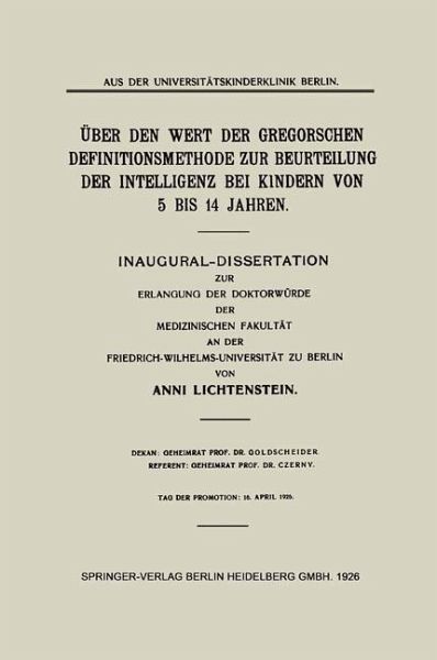 Über den Wert der Gregorschen Definitionsmethode zur Beurteilung der Intelligenz bei Kindern von 5 Bis 14 Jahren (eBook, PDF)