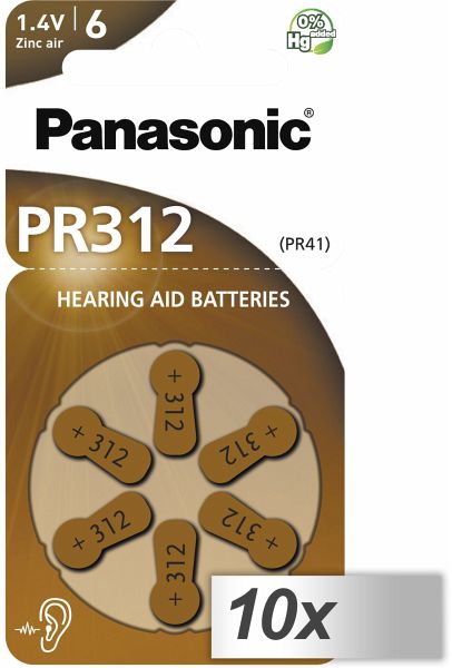 10x1 Panasonic PR 312 Hörgeräte Zellen Zinc Air 6er Rad