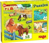 HABA 305237 - Puzzles Bauernhoftiere, 3 Puzzles mit 12, 15 und 18 Teilen und unterschiedlichen Tiermotiven