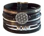 Armband &quote;Blume des Lebens&quote; Kunstleder schwarz, Metall silberfarben