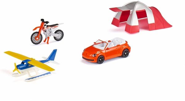 SIKU 6325 - Freizeit Set, 4-teilig (Cabrio, Cross-Motorrad, Wasserflugzeug, Zelt), Geschenk-Set, Siku Super