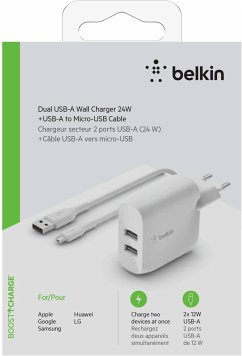 Belkin Dual USB-A Ladegerät, 24W incl. Micro-USB Kabel 1m, weiß