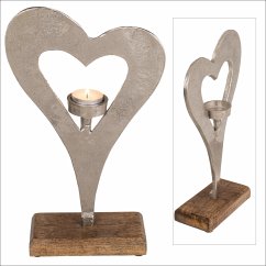 Cover Kerzenständer Herzform, silberfarben, auf Holz-Standfuß