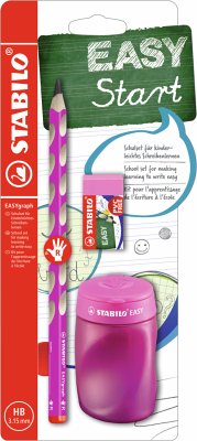 Schul-Set für Rechtshänder - STABILO EASYgraph in pink - inklusive Spitzer + Radierer