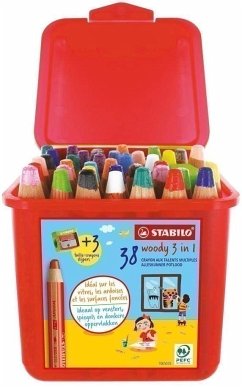 Buntstift, Wasserfarbe & Wachsmalkreide - STABILO woody 3 in 1 - 38er Pack mit Spitzer und Pinsel - mit 38 verschiedenen Farben