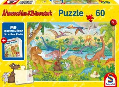 Schmidt 56411 - Mauseschlau & Bärenstark, Reise in die Urzeit, Puzzle mit Wissensbüchlein, 60 Teile