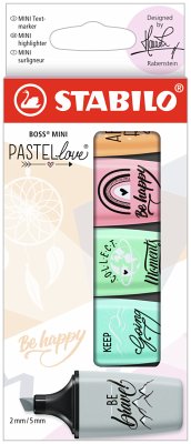 Textmarker - STABILO BOSS MINI Pastellove 2.0 - 5er Pack - rosiges Rouge, zartes Türkis, Hauch von Minzgrün, Seidengrau, sanftes Orange