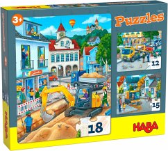 HABA 306479 - Puzzles In der Stadt, 3x Puzzlespaß mit 12/15/18 Teilen