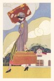 Vintage Journal Woman Carrying Suitcase Travel Poster