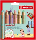 Buntstift, Wasserfarbe & Wachsmalkreide - STABILO woody 3 in 1 - 6er Pack mit Spitzer - mit 6 verschiedenen Pastellfarben