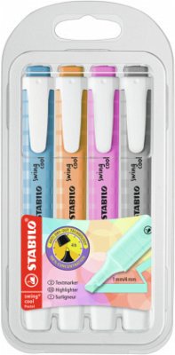 Textmarker - STABILO swing cool Pastel - 4er Pack - Seidengrau, Frische Fuchsie, Himmlisches Blau, Sanftes Orange