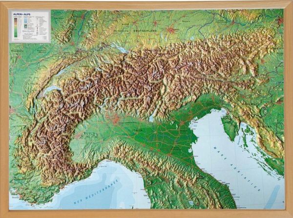 Alpen, Reliefkarte 1:1.2.000.000 mit Naturholzrahmen