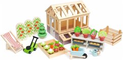 Tender Leaf 7508371 - Mini-Gewächshaus mit Zubehör, Garten-Spielset, Puppenhaus-Erweiterung, Holz, 26-teilig