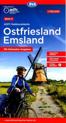 ADFC-Radtourenkarte 5 Ostfriesland / Emsland 1:150.000, reiß- und wetterfest, E-Bike geeignet, GPS-Tracks Download, mit Bett+Bike-Symbolen, mit Kilometer-Angaben