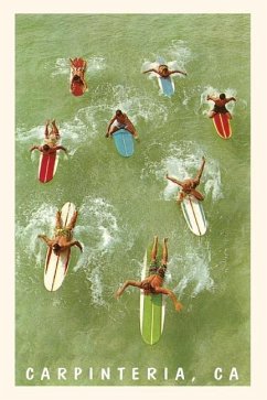 The Vintage Journal Colorful Surfers and Surf Boards in Green Water, Carpinteria