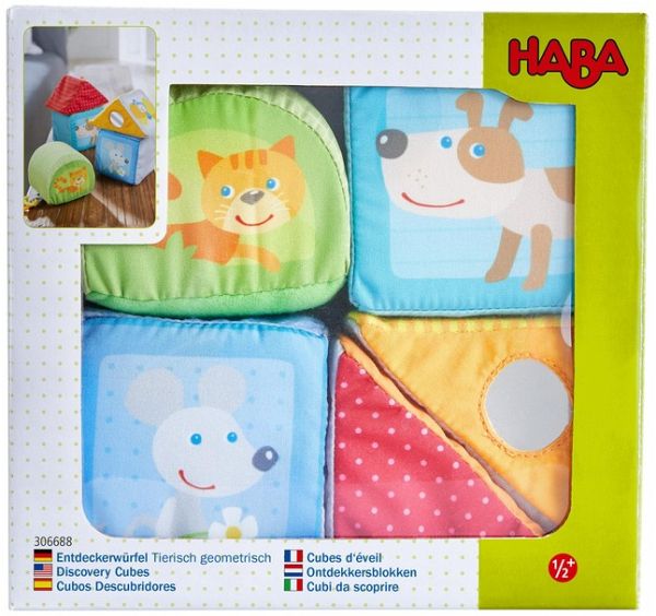 HABA 306688 - Entdeckerwürfel Tierisch geometrisch, Stapelspiel, Stoff, 5-teilig