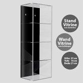 Hochwertige Acryl-Vitrine mit schwarzer Rückwand und 4 Ebenen. Einschub an der Vorderseite kann komplett geöffnet werden. Wahlweise als Stand-oder Wandvitrine zu verwenden, wird aufgebaut geliefert