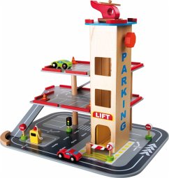 Small foot 4777 - Parkhaus Rasante Abfahrt, mit Hubschrauber, 2 Autos und vieles mehr, Spielset, Holz, 13-teilig, 35x48x38cm