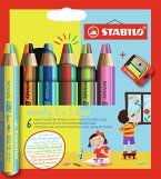 Duo Buntstift, Wasserfarbe & Wachsmalkreide - STABILO woody 3 in 1 duo - zweifarbige Mine - 6er Pack mit Spitzer - mit 6 Stiften und 12 verschiedenen Farben