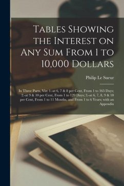 Tables Showing the Interest on Any Sum From 1 to 10,000 Dollars [microform]: in Three Parts, Viz: 1.-at 6, 7 & 8 per Cent, From 1 to 365 Days; 2.-at 9