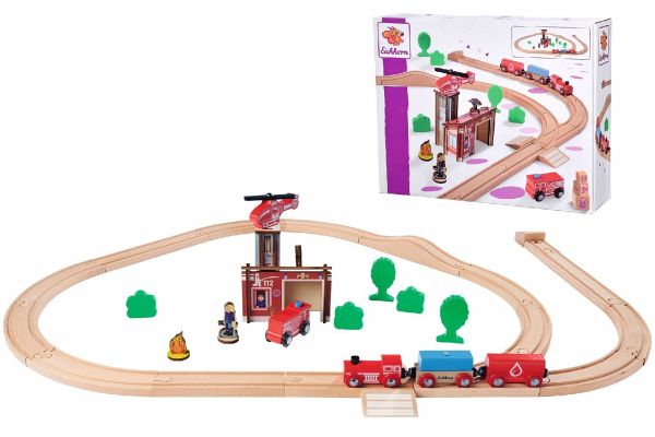 Eichhorn 100006205 - Holz-Schienenbahn, Feuerwehrset, 33-teilig