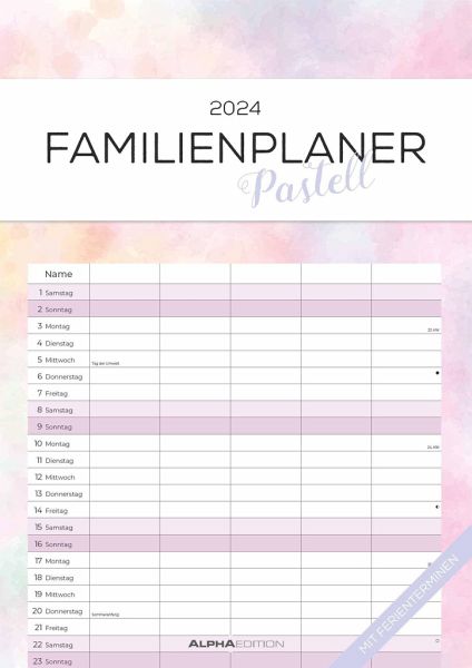 Familienplaner Pastell 2024 - Familienkalender A3 (29,7x42 cm) - mit 5  Spalten, … - Kalender portofrei bestellen