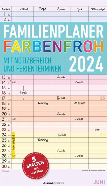 Familienplaner Farbenfroh 2024 mit 5 Spalten - Familienkalender 26x45 cm -  … - Kalender portofrei bestellen