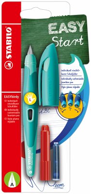 Schulfüller ergonomisch für Linkshänder mit Anfänger-Feder A - STABILO EASYbirdy Pastel Edition in aqua grün/mint - inklusive Patrone und Einstellwerkzeug